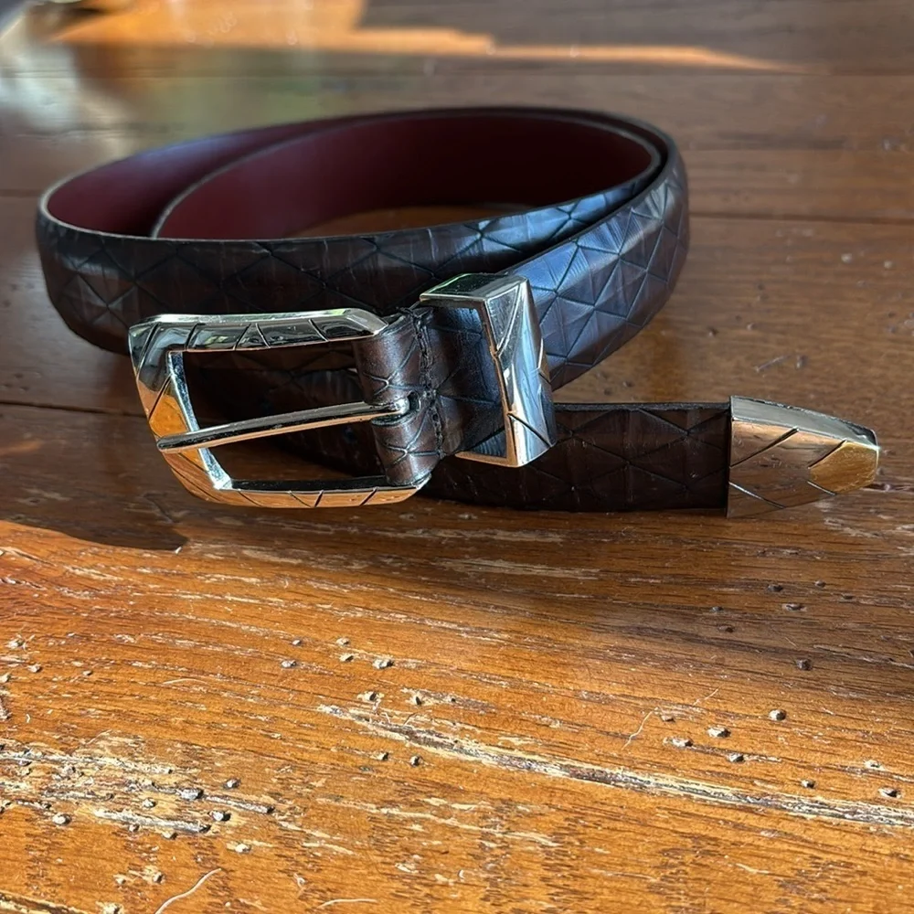 Johnston & Murphy Brown Italian Calfskin Belt Men’s Two Tone Metal 7302 Size 38